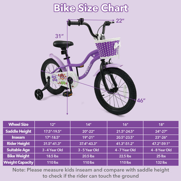 12-inch magic purple kids bike with training wheels for ages 3-4, angled view showcasing design and features.