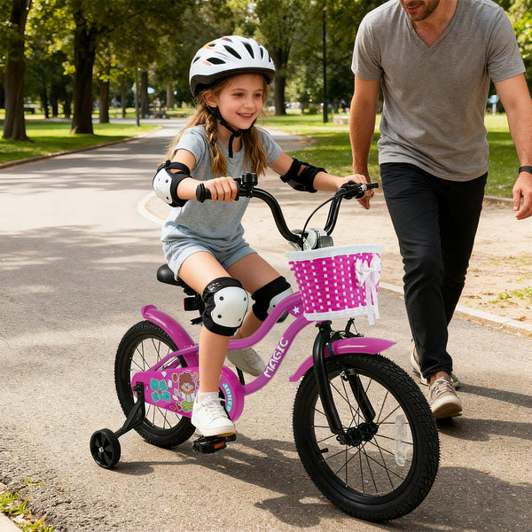 12-inch kids bike with training wheels in Magic Rose color for ages 3-4, angled view showcasing design and features.