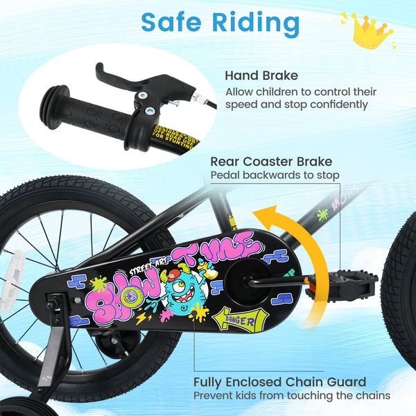 18 Inch Kids Bike with Training Wheels for Ages 4-8 Years Old Black- Street Art Time