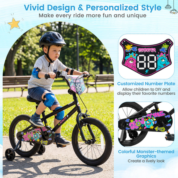 18 Inch Kids Bike with Training Wheels for Ages 4-8 Years Old Black- Street Art Time