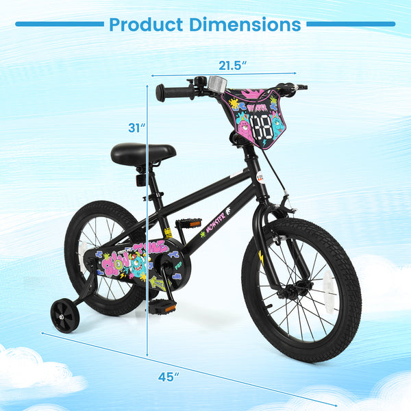 18 Inch Kids Bike with Training Wheels for Ages 4-8 Years Old Black- Street Art Time
