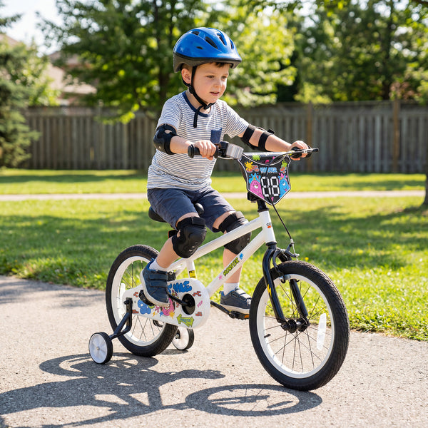 12-inch white kids bike with training wheels for ages 3-4, featuring street art design, angled view.