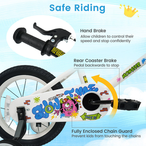 12-inch kids bike with training wheels for ages 3-4, white with street art design, angled view.