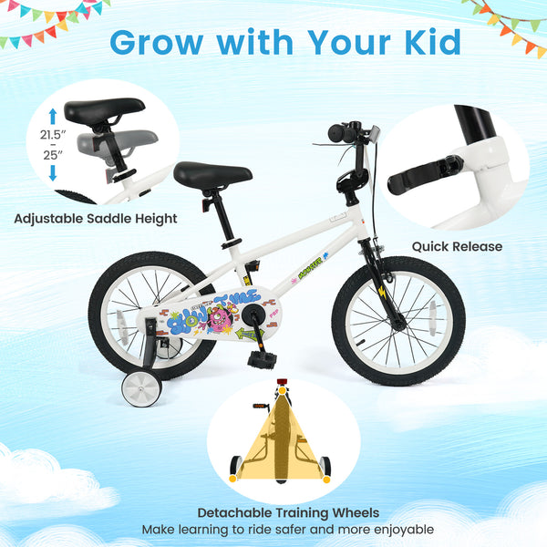 12-inch white kids bike with training wheels for ages 3-4, featuring street art design, angled view.