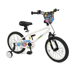 12-inch kids bike with training wheels for ages 3-4, featuring street art design in white, angled view.