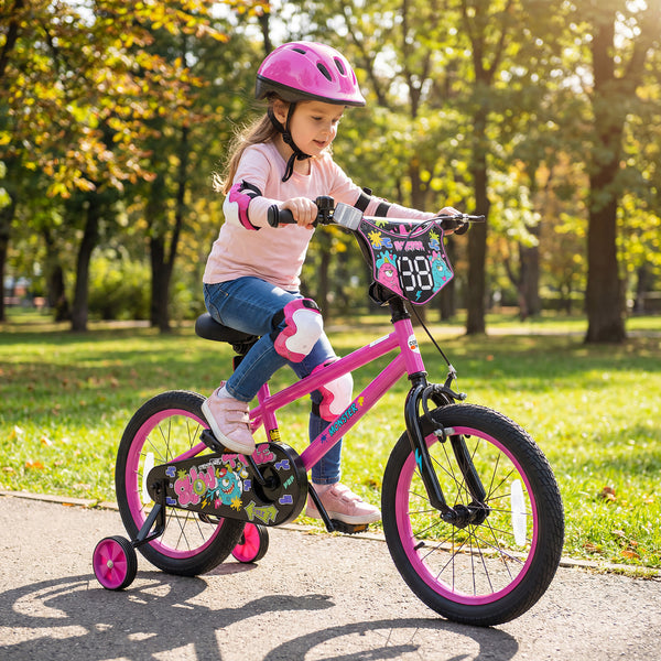 12-inch pink kids bike with training wheels for ages 3-4, featuring street art design, angled view.