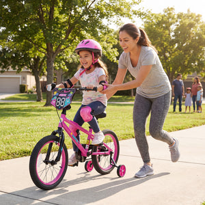 Pink 12-inch kids bike with training wheels for ages 3-4, featuring street art design, angled view.