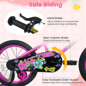12-inch pink kids bike with training wheels for ages 3-4, featuring street art design, angled view.