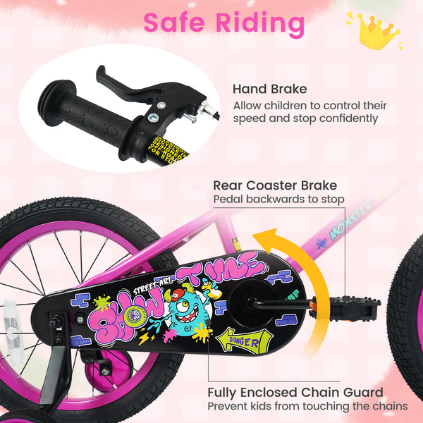12-inch pink kids bike with training wheels for ages 3-4, featuring street art design, angled view.
