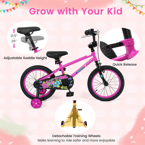12-inch pink kids bike with training wheels for ages 3-4, featuring street art design, angled view.