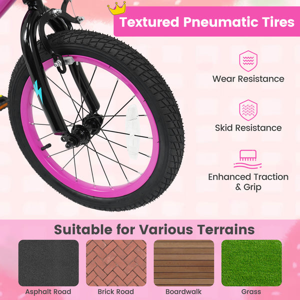 12-inch pink kids bike with training wheels for ages 3-4, featuring street art design, angled view.