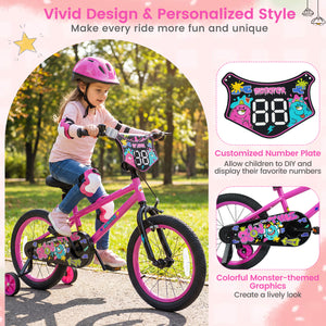 Pink 12-inch kids bike with training wheels for ages 3-4, featuring street art design, angled view.
