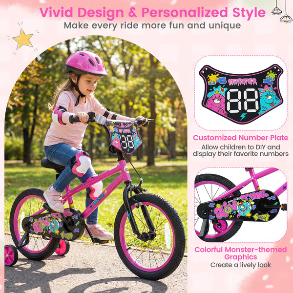 Pink 12-inch kids bike with training wheels for ages 3-4, featuring street art design, angled view.