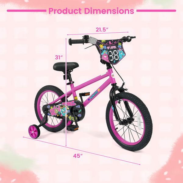 12-inch pink kids bike with training wheels for ages 3-4, featuring street art design, angled view.