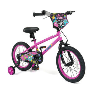 12-inch pink kids bike with training wheels for ages 3-4, featuring street art design, angled view.
