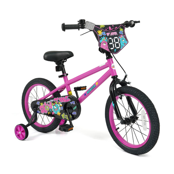 12-inch pink kids bike with training wheels for ages 3-4, featuring street art design, angled view.