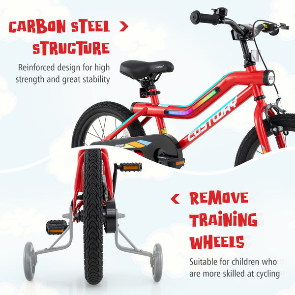 16 Inch Kids Bike with LED Lights Adjustable Carbon Steel Bicycle for 4-7 Years Old