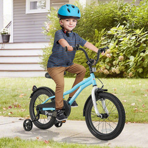 14-inch kids bike with training wheels for ages 3-5, angled view showcasing vibrant colors and sturdy design.