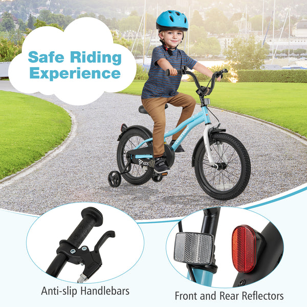14-inch kids bike with training wheels for 3-5 years old, angled view showcasing vibrant design and safety features.