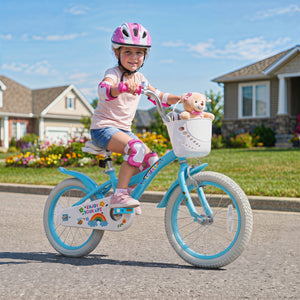 12-inch girls bike for ages 3-4, blue with training wheels and basket, perfect for spring parties.