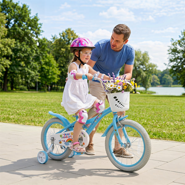 12-inch girls bike for 3-4 years old, blue with training wheels and basket, angled view for spring party theme.