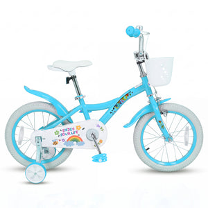12-inch girls bike for ages 3-4, blue with training wheels and basket, perfect for spring parties. Angle 23 view.