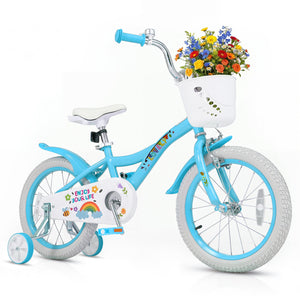 12-inch girls bike for ages 3-4, blue with training wheels and basket, perfect for spring parties. Angle view.