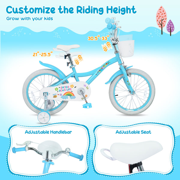 12-inch girls bike for ages 3-4, blue with training wheels and basket, perfect for spring parties. Angle view.
