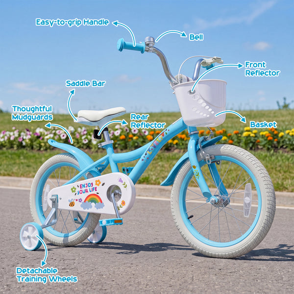12-inch girls bike for ages 3-4, blue with training wheels and basket, angled view for spring party theme.