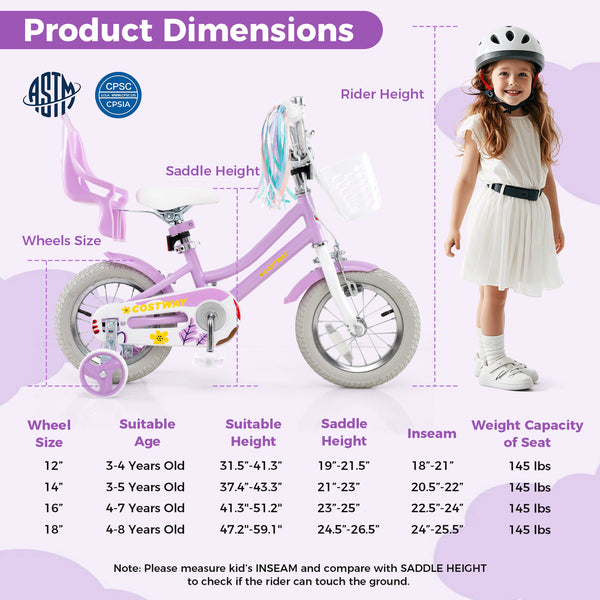 16 Inches Girls Bike Kids Bicycle with Doll Seat and Streamers for Children 4