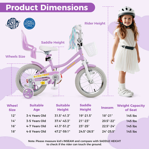 16 Inches Girls Bike Kids Bicycle with Doll Seat and Streamers for Children 4