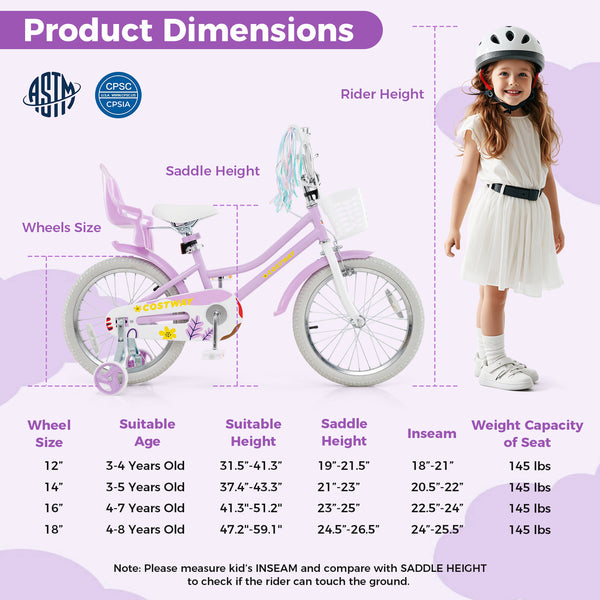 16 Inches Girls Bike Kids Bicycle with Doll Seat and Streamers for Children 4