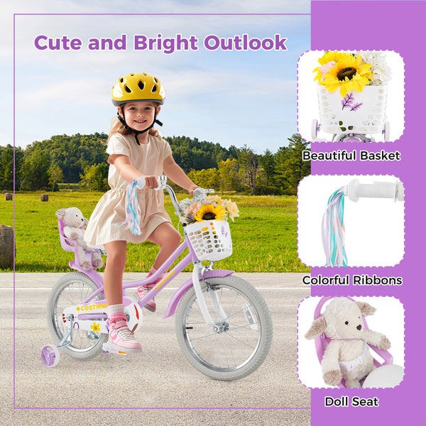 16 Inches Girls Bike Kids Bicycle with Doll Seat and Streamers for Children 4