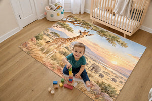 Toddler stacking blocks on the Baby Giraffe Safari kids rug in a bright bedroom