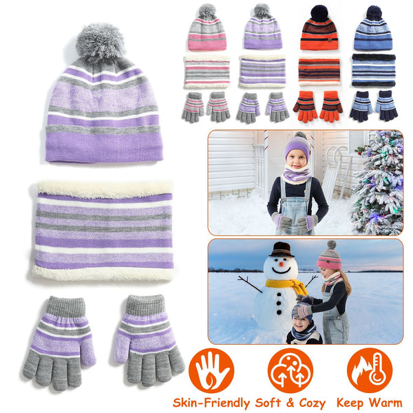 Winter Kids Knitted Hat Scarf Gloves 3Pcs Boys Girls Winter Warm Beanie Hat and Glove Scarf Set Beanie Neck Warmer Mittens for 4-7-Year-Old Kids