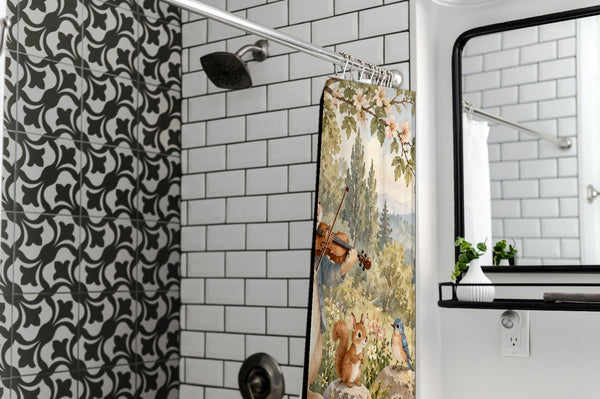 Rabbit Violin shower curtain in a modern farmhouse bathroom with subway tile