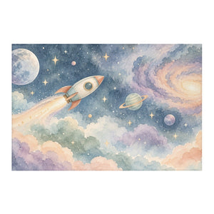 Rocket Journey kids rug, full view of the printed design