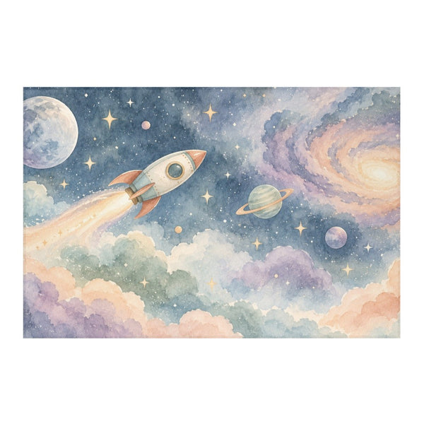 Rocket Journey kids rug, full view of the printed design