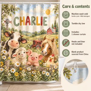 Care and contents of the Sunny Farm personalized kids shower curtain