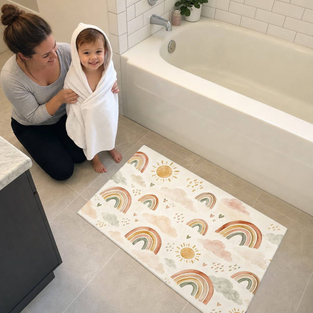 Little Rainbows Pattern kids bath mat, full view of the printed design