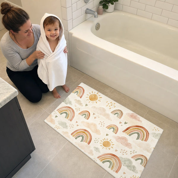 Toddler in a hooded towel stepping onto the Little Rainbows Pattern bath mat