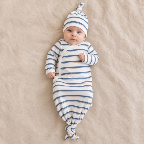 Organic Kimono Knotted Sleep Gown - Navy Stripe