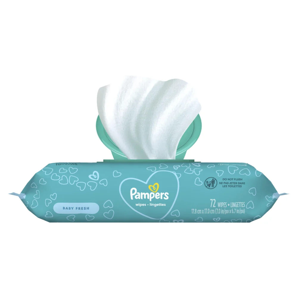 Pampers Baby Wipes Pop-Top Complete Clean 72 ct in diaper bag, perfect for on-the-go baby care.