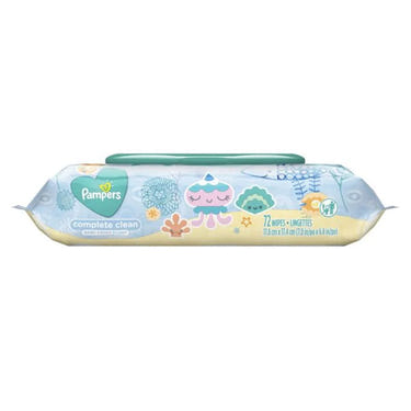 Pampers Baby Wipes Pop-Top Complete Clean 72 ct in diaper bag, perfect for on-the-go baby care.