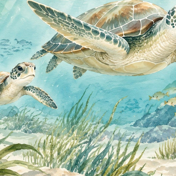 Sea Turtles Ocean kids rug, close up of the watercolor artwork