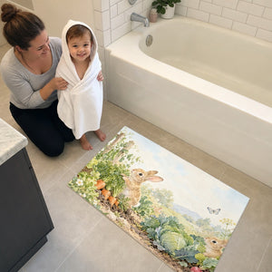 Toddler in a hooded towel stepping onto the Vegetable Garden Bunny bath mat