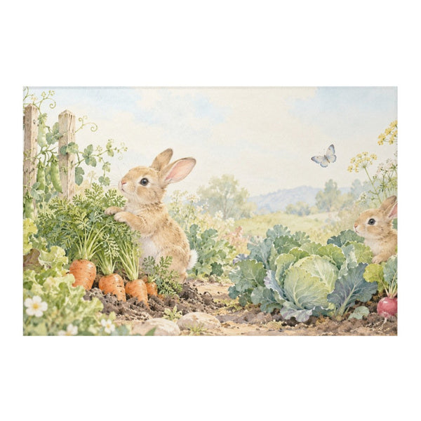 Vegetable Garden Bunny kids rug, full view of the printed design