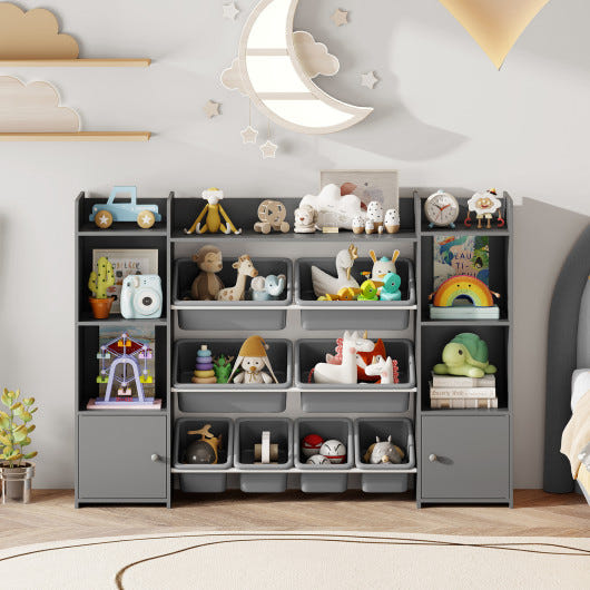 Large gray toy storage organizer with 8 removable bins and bookshelf for kids' room.