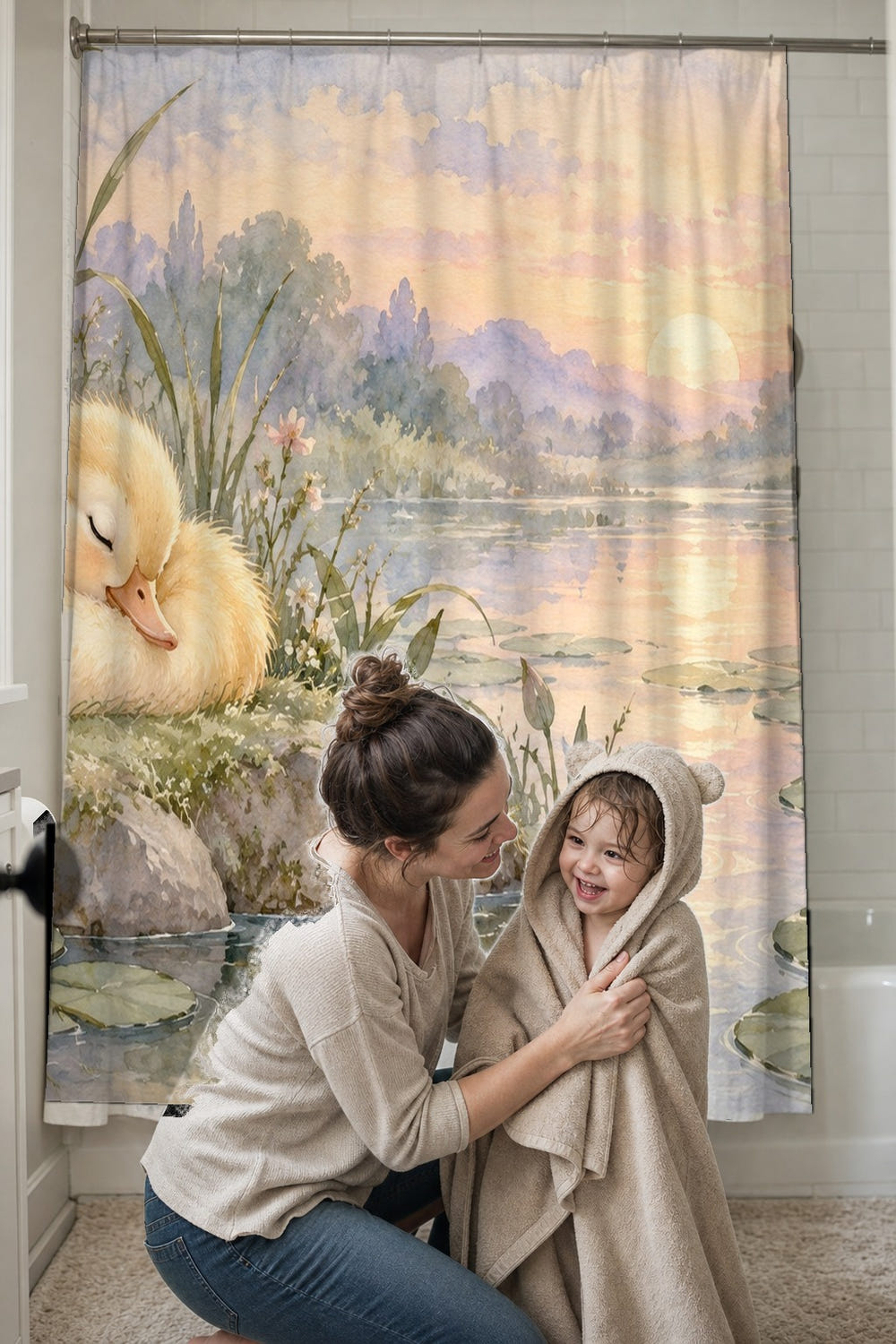 Pond Duckling shower curtain, full front view of the 71 x 74 in fabric curtain
