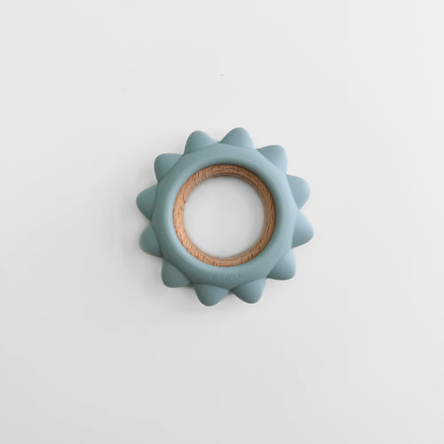 Garden Party Teether Collection: Silicone & Beechwood Sunshine, angle view showcasing vibrant, safe baby teething toy.